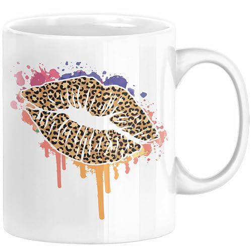 Leoparden Lippen Tasse Geschenk Cool Lips Kiss Leopardenmuster Kaffee-Tasse Geschenkidee (Weiß)