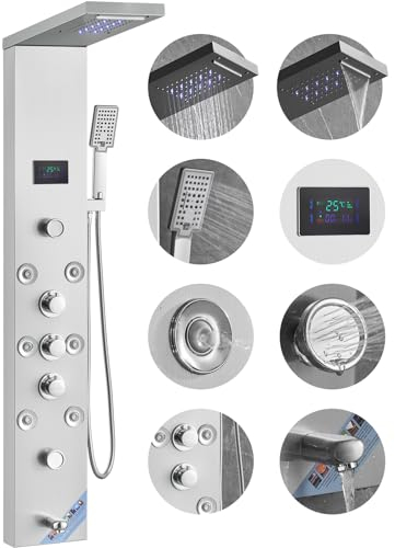 VEVOR Sistema di pannelli doccia, 6 modalità doccia, LED e schermo Pannello doccia idroelettrico, pioggia, cascata, 8 getti idromassaggio, bocca vasca, doccetta, in acciaio inox