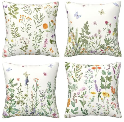 HOSTECCO Botanische Kissenbezüge 45x45cm 4er Set Grün Pflanze Kissenbezüge Frühling Blumen Schmetterling Dekorative Kissenbezüge für Sofa Couch