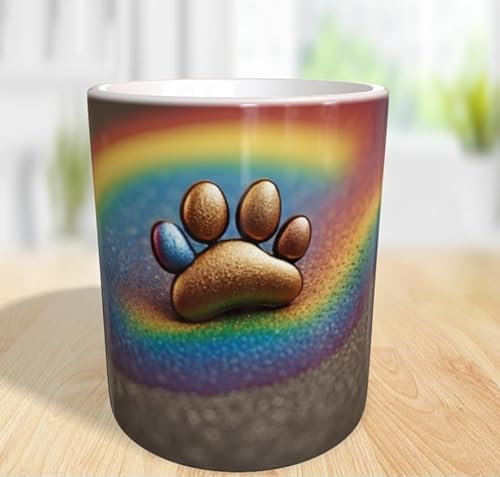 Generic Schöne Kaffeetasse mit Pfotenabdruck 330ml: Personalisierbar Tasse Mug Hund Tier Trauer verloren Erinnerung Liebe Regenbogen Pfote