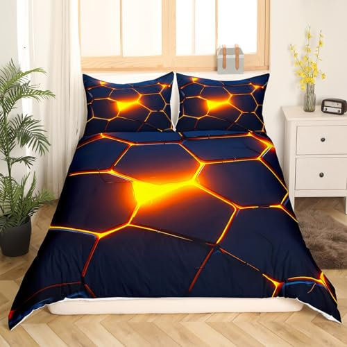 Golden Wabenbettwäsche Geometrische Wabenbettbezug 135x200 für Kinder Jungen Teens Bienenstock Bettwäsche Dunkelblau Honigwabendruck Bettwäsche Geometrische Hexagon Muster Bettwäsche