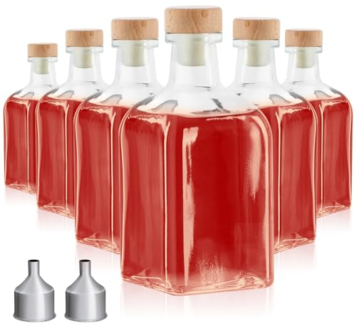 6er Set Glasflaschen 250ml mit Korken, Glasflaschen zum Befüllen, Kleine Flaschen zum Befüllen mit Flüssigkeiten Wie Öl, Essig und Spirituosen, Likörflasche, Saftflaschen (Viereckig - 250ml)