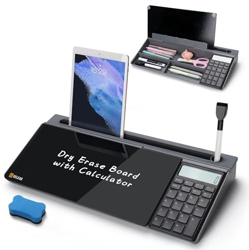 SELEAD Desktop Glass Whiteboard with Calculator, Organizer, Markers, Eraser, Holder - Black Dry Erase White Board Computer Pad Keyboard Stand for Home, School, Office Desk Cubicle Accessories