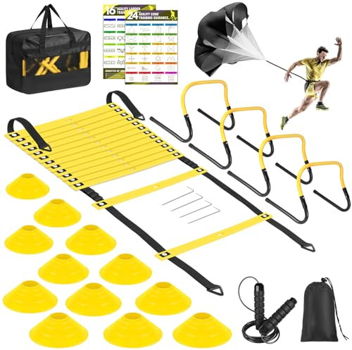 Agility Speed Training Equipment Set, Soccer Practise Kit with 20ft Agility Ladder, 12 Cones, 4 Adjustable Hurdles, Jump Rope, for Basketball, Football, Kids, Youth, Adults
