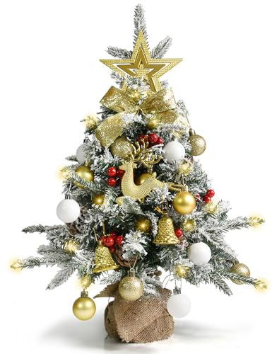 Weihnachtsbaum Künstlich Klein 60cm, Mini Christbaum mit 40 warmweiß LEDs, Weihnachtskugeln Sternbaumspitze Weihnachtsdeko, Tannenbaum für Weihnachtsdeko Innen Büro Weihnachten Advent, Gelb Weiß