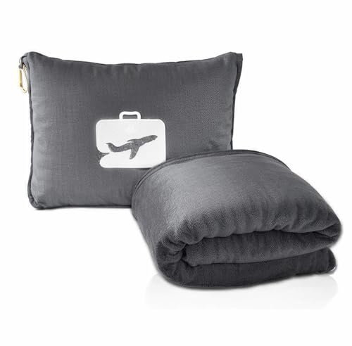 Wisebom Reisedecke, 2-in-1, weiches und warmes Reisekissen und -decke, ultraleicht, tragbare Reisedecke, Flugzeug mit weicher Tasche, Kissenbezug für Flugreisen, Geschäftsreisen und Büro (grau)