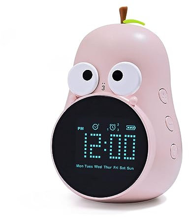 Okeeyseda Alarm Clock for Kids Cute Pear Design, Snooze, Triple Alarms, 5 Ringtones- Digital Wake Up Clock Rechargeable Reusable Pink
