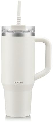 Bodum Travel Mug Tumbler 1.2 L Winter White - Metal Water Bottle with Straw, Handle and Lid - Dishwasher Safe - for Cold Drinks and Warm Coffee