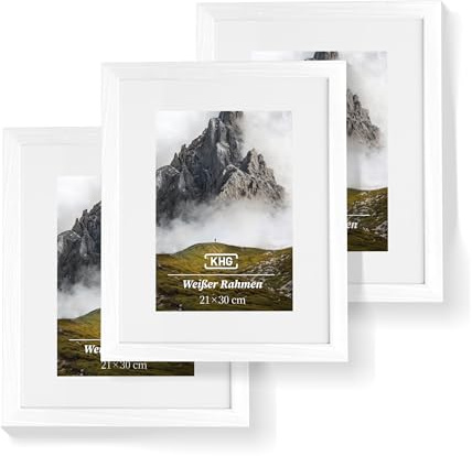 KHG Premium-Bilderrahmen 3er-Set 21x30 cm weiß, stabile Glasfront, Poster | hochwertiges Passepartout & MDF-Holzrahmen für Fotos, Zertifikate & Collagen, vielseitig einsetzbar, für Zuhause