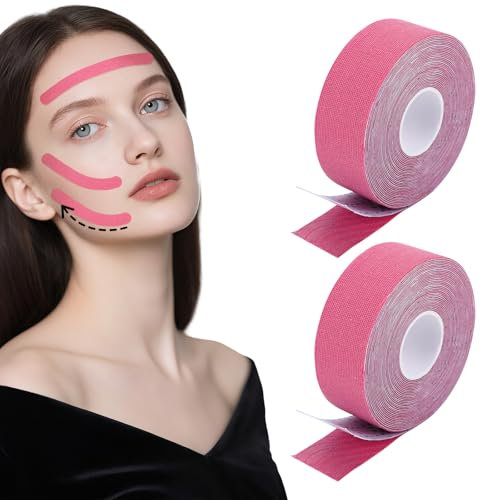 2 Rollen Face Lifting Tape, Gesichtstape Mouthtape Gesicht Lifting Tapes Gesicht Face Tape gegen Falte Zornesfalte Pflaster Faltentape Straffung High Elastic Kinesiologie-Tape Anti Falten Pink