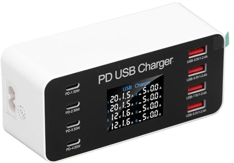 Plyisty Digital Display USB Ladegerät Hub 8 Port PD 30W Sicherheitsschutz Schnellladestation für Telefon Tablet Home Office Nutzung (EU-Stecker)