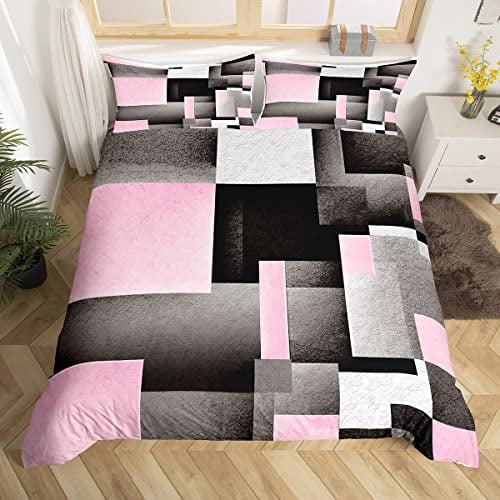 Loussiesd Géométrique Housse de Couette 200x200cm Enfants Rose Gris Noir Buffalo vérifier Housse de Couette pour Garçons Adolescents Abstrait Moderne Parure de Lit Ligne rayée