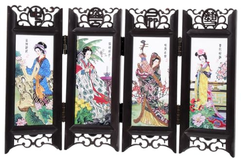 CLISPEED Kleiner Chinesischer Vintage faltbildschirm mit Vier Scharnieren Desktop deko und Raumteiler Antikes Design mit Schönem Damenmotiv für Bühne Party und Wohnkultur