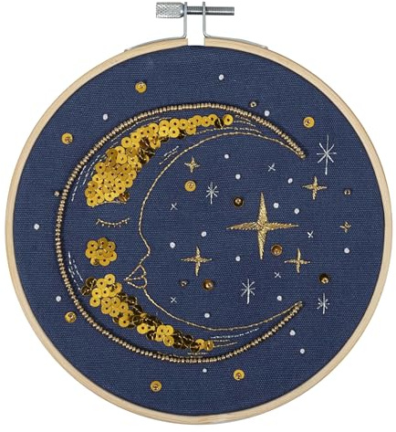Trimits Embroidery Kits - 15cm 6 Embroidery Beginners Kit, Cross Stitch Kits for Adults, Starter Set with Bamboo Hoop, Fabric, Threads, Needle & Backing - Moon