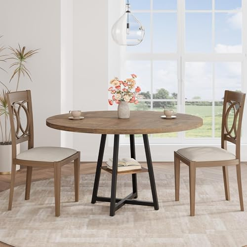Garvee Table De Salle à Manger Ronde pour 4 à 6 Personnes, Pied Central en Métal, Industriel, Table avec Étagère De Rangement Intégrée pour Salle à Manger, Cuisine