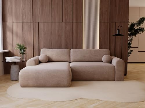 GRAINGOLD Savana L 257x177 cm, L-Form Sofa, Schlafcouch für Wohnzimmer, Velours-Stoff, 3-Sitzer Eckcouch, Ecksofa mit Bettkasten (Dunkelbeige, Links)