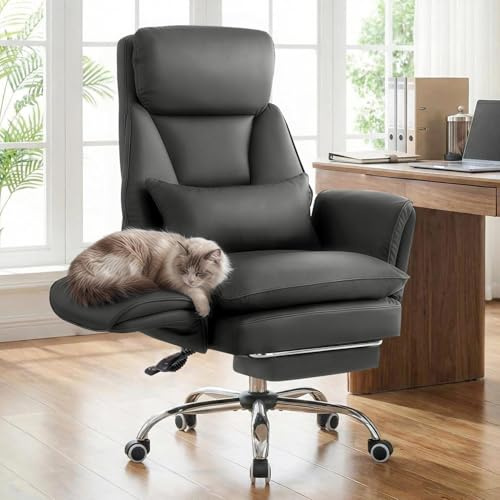 Ckaff Chaise de Bureau avec Accoudoirs Réglables sur 5 Niveaux, Fauteuil de Bureau Ergonomique avec Repose-Pieds et Soutien Lombaire, Chaise Gaming à Hauteur Réglable en Cuir PU 200kg, Gris