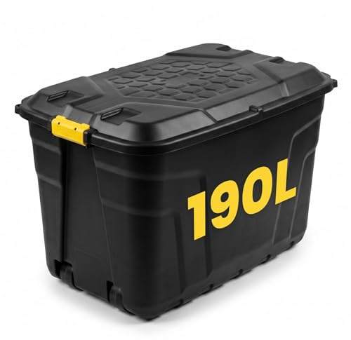 NOVECRAFTO 190L Storage Box on Wheels with Lid Padlockable Heavy-Duty Black | Clip-lock handles, weather-resistant, 4 corner padlock holes, padlock not included, carry handles, lid grooves for stacking