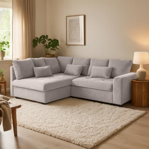 BEAUTY SOFA Ecksofa RAMO mit Schlaffunktion 160x200 cm im Set mit Topper, Cappuccino (Velo 623), Links