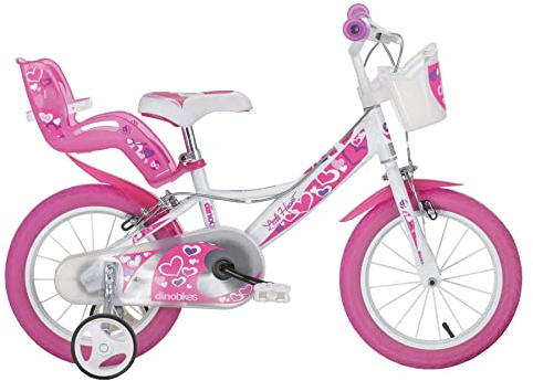 Kinderfahrrad Mädchen Dino 16 Zoll mit Vorradbremse und Rücktrittbremse am Lenker Rosa Weiss