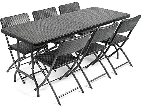 CHRISTOW Garden Table and Chairs Set 6 Seater Rattan Effect Folding Patio Furniture (6ft)