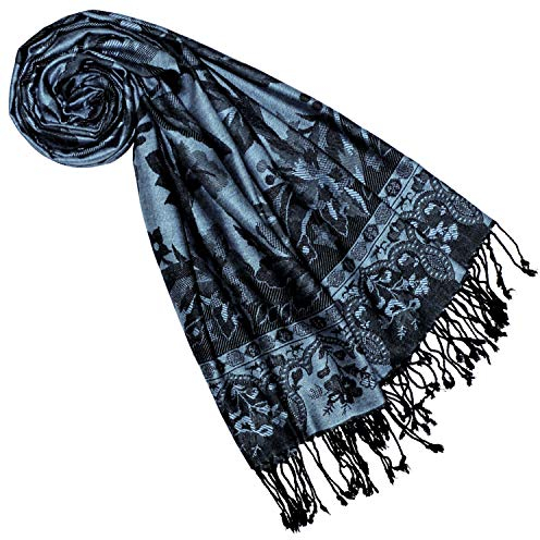 Lorenzo Cana Marken Pashmina Schal Naturfaser Floral Blumen Schwarz Blau Riverside Stola Schaltuch Tuch Stola 70 cm x 210 cm - 7833377