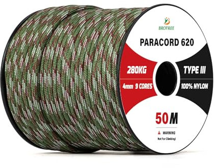 Brotree Paracord 4mm 50M 9 Stränge 100% Nylon Seil Schnüre Typ III für Survival, Outdoor, Heimwerken - Bruchlast 280kg (Armee Grün Tarnung)