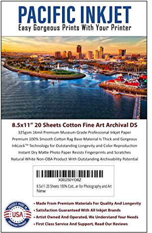 (8.5-x-11) 20 Sheets 100% Cotton Fine Art Matte Double Sided Inkjet Paper - 16mil 325gsm See Description for Compatibility Info Before Purchase - OBA Free Archival Grade Inkjet Media