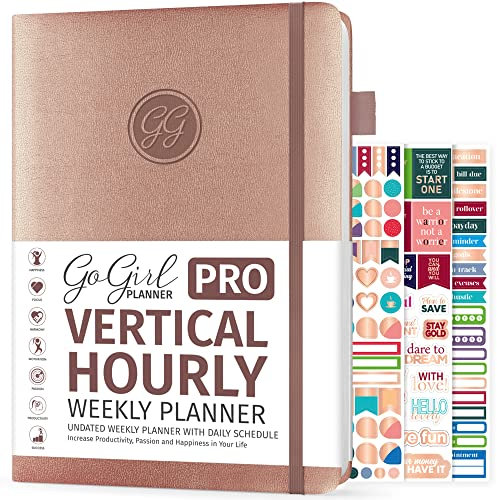 GoGirl Planner PRO Schedule - Undated Planner with Hourly Time Slots, Monthly, Weekly & Daily Organizer, Appointment Book for time Management, 18 x 25.5cm, Hardcover, Lasts 1 Year - Rose Gold