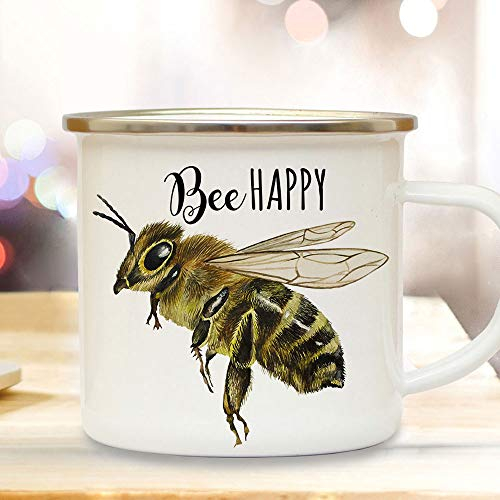 ilka parey wandtattoo-welt Emaille Becher Camping Tasse Biene Bienchen Spruch Bee Happy Kaffeetasse Geschenk Kaffeebecher eb506