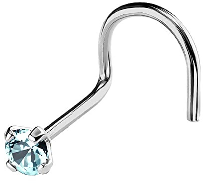 Jewelry Avalanche 22G Solid 14Kt Gold Nose Screw Stud with Prong Set real Aquamarine Gemstone, 14kt Yellow Gold or 14kt White Gold - March Birthstone Nose Ring, Metal, aquamarine
