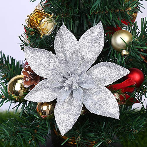 Yueshop 10 Pcs Glitter Christmas Flowers with Artificial Poinsettia, Christmas Tree Flower Decorations Xmas Tree Ornaments (Silver, 15CM)