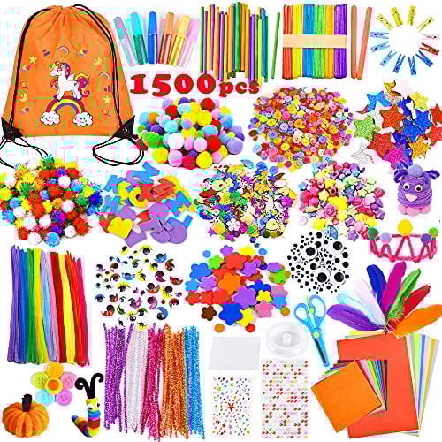 Yetech Creativo Kit Manualidades 1500+ PCS Pompoms, Ojos Movibles, Sticks, Pompones, Gemas Adhesivas, Regalo DIY