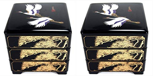 JapanBargain Jubako Box 4119x2, caja japonesa tradicional de 3 niveles, contenedor para alimentos, dulces, aperitivos, caja Bento hecha en Japón, plástico lacado, grúa negra, paquete de 2