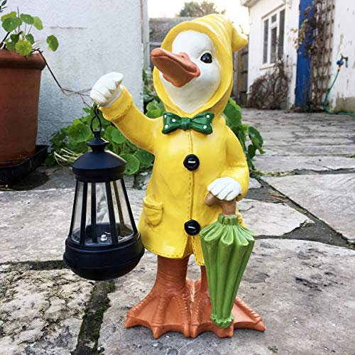 FHFY Garden Dally Duck aus Kunstharz, 30 cm, mit solarbetriebener Laterne und Regenschirm, Gartendekoration