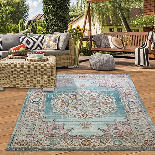 Teppich-Traum orientalischer Vintage WOHNZIMMERTEPPICH für In- & Outdoor TERRASSE buntes Blumenmotiv türkis Größe 160x230 cm
