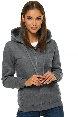 OZONEE Damen Kapuzenpullover Sweatjacke Sweatshirt Farbvarianten Kapuzenjacke Kapuzenpulli Langarm Kapuze Hoodie Sport Style Casual Fitness Basic Training 777/2106B DUNKELGRAU S