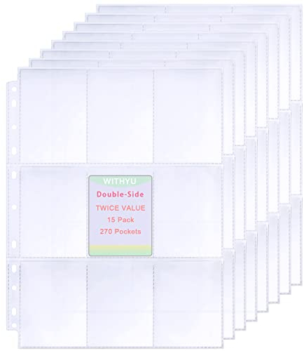 270 Taschen Sammelkartenhüllen, Doppelseitiger 9 Taschen Seitenschutz, 11 Löcher,Ultratransparente Kartenblätter Sammelkarten Zubehör 15 Seiten