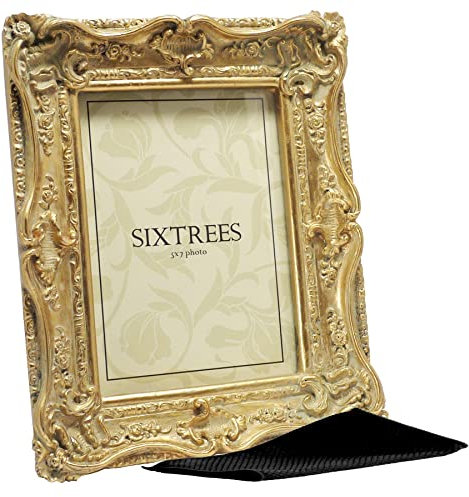 Sixtrees Chelsea 5-250-57 Ornate Vintage Swept Shabby Chic Gold 7x5 inch Photo frame - with Microfibre glass cleaning cloth.