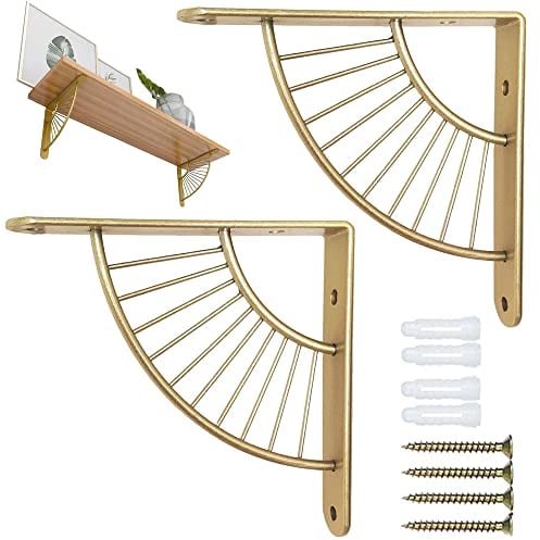 2 Équerre pour Étagere Murale, 20 cm Support Console Acier Inoxydable, Support D'étagère Métal, Etagere Mural Fixation, Support Triangulaire Flottant, Forme D'éventail, pour Cuisine Chambre Bureau Or