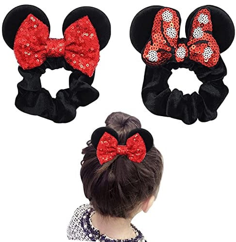 2Pcs Mouse Ear Hair Scrunchies, LONTOM Elastic Hair Bands Cute Ponytail Holder Ties Soft Velvet Bow Scrunchy No Damage Accessories for Women Kids Girls Christmas Cosplay Party Decoration