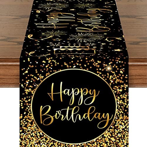 Geburtstag Tischläufer, Schwarz Gold Geburtstag Dekoration, Waschbar Tischband, Männer Frauen Happy Birthday Tischdecke für Drinnen und Draußen Familienessen, Baby Shower Tischdekoration, 35x185cm