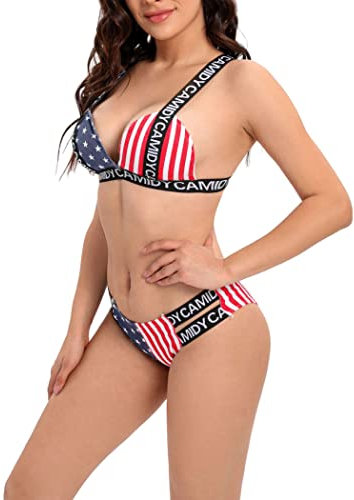 Bikini Drapeau Américain 2 Pièces pour Femmes Ensembles De Bikini Maillot De Bain Sexy Rouge Blanc Et Bleu Bikin Vêtements De Plage,Flag,XL