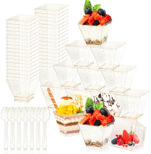 ASelected 100Pcs Mini Plastic Dessert Cups with 100pcs Spoons, 60ml, 2oz Small Gold Glitter Square Dessert Cups Appetizer Cups Great for Desserts, Chocolate, Puddings, Mousse (5x5x4.5cm)