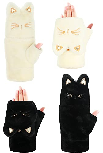 SATINIOR 2 Paar Winter Damen Fäustlinge Dicke Warm Plüsch Flip Top Fäustlinge Vollfinger Handschuhe (Weiß, Schwarz, Katze)