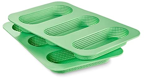 Betty Bossi Backform Mini-Baguettes Brot 6 Brötchen Silikon Hitzebeständig bis 220 Grad Antihaft Baguette-Brötchen Backform-Set, perfekt zum Sandwiches zubereiten, als Gärkorb nutzbar, grün 2er Set