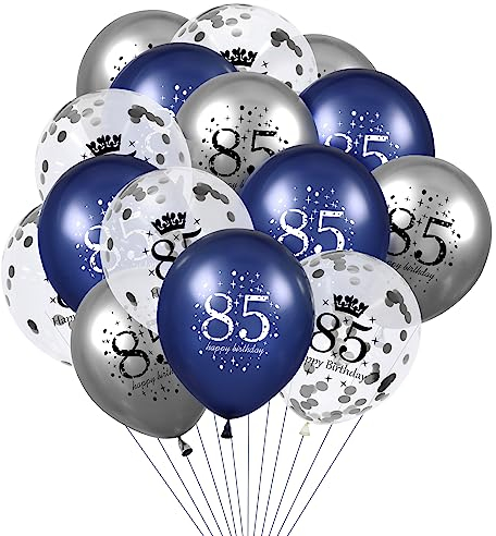 Luftballoon 85. Geburtstag Deko,15 Stück Marineblau Silber Latex Luftballons, Happy Birthday Blau Konfetti Folienballon 85. Jahrestag Party Dekoration Herren Damen Frau für Geburtstag Dekorationen