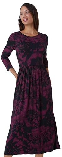 Roman Originals Midi Dress with Pockets for Women UK Ladies Stretchy Jersey Maxi Long 3/4 Length Sleeve Gathered High Waist Boho Flattering Skater Swing Fit Flare - Port - Size 10