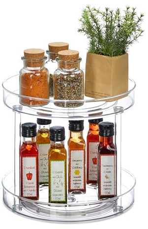 Relaxdays Drehteller, 2-stöckig, Ø 27 cm, drehbar, Drehscheibe für Kühlschrank, Kosmetik & Gewürze, rund, transparent
