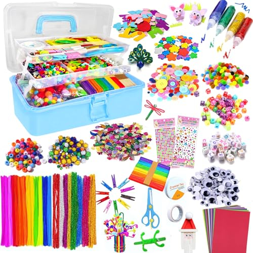 zycBernoi Bastelset Kinder, 3000+Pcs Bastelset für Kinder Bastelbox Bastelmaterial Set, Bastelkoffer Gehören Pompons,Pfeifenreiniger für Mädchen Jungen 4 5 6 7 8 Jahre Geschenk